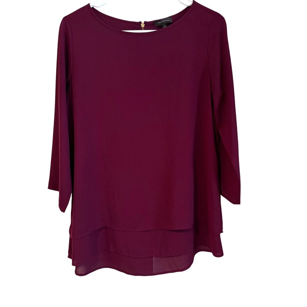 The Limited Plum Semi Sheer 3/4 sleeve Asymmetrical Tiered Hem Solid Round Neck